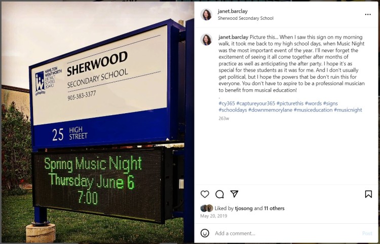 An Instagram post with a photo of a sign at Sherwood Secondary School announcing their Spring Music Night and a caption that reads: Picture this... When I saw this sign on my morning walk, it took me back to my high school days, when Music Night was the most important event of the year. I'll never forget the excitement of seeing it all come together after months of practice as well as anticipating the after party. I hope it's as special for these students as it was for me. And I don't usually get political, but I hope the powers that be don't ruin this for everyone. You don't have to aspire to be a professional musician to benefit from musical education! ⠀